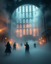 Experience an epic scene of a modern, futuristic magical school shrouded in thick fog.  Low visibility adds to the dramatic a