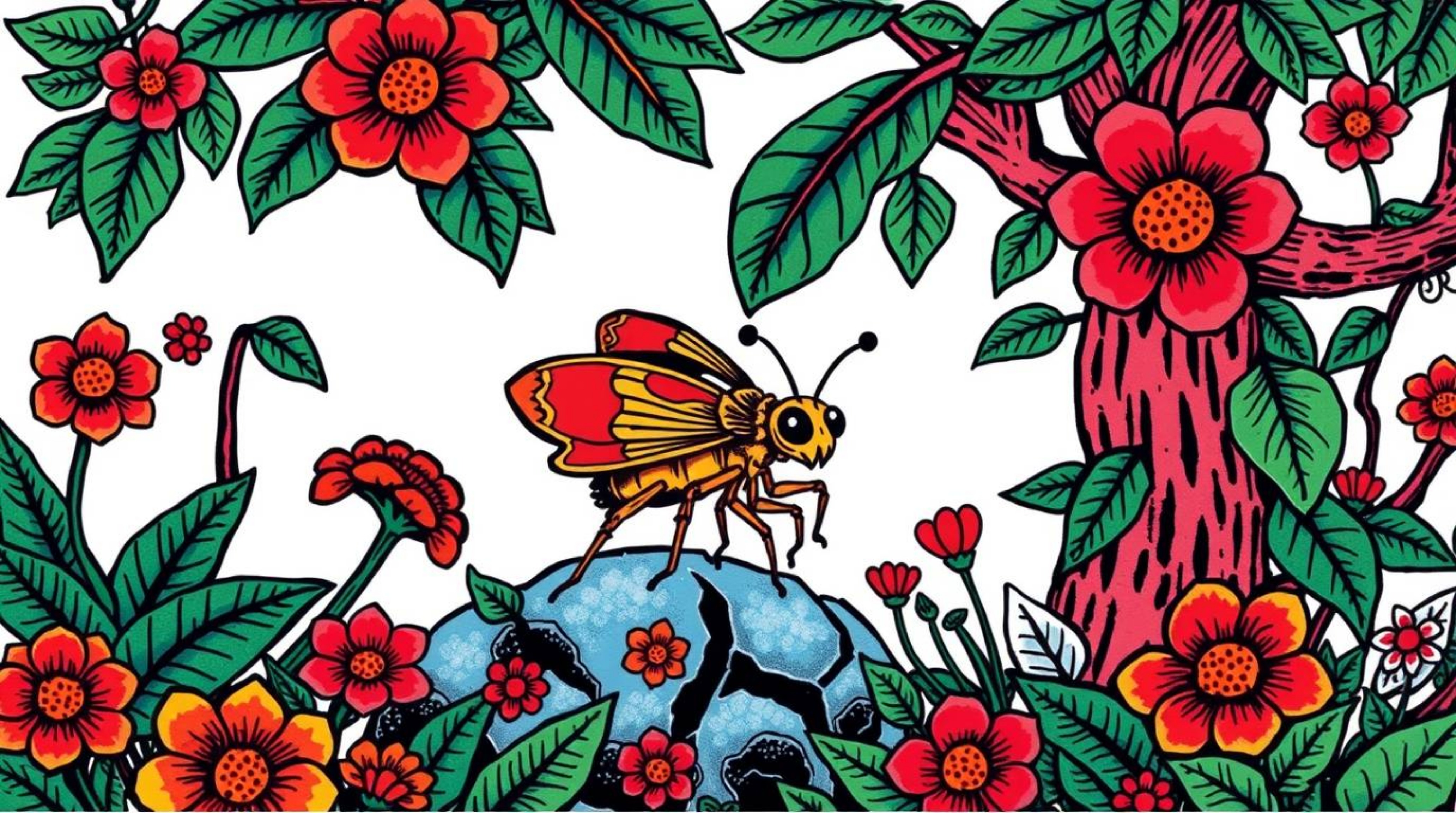 Discover a captivating symbolic tattoo art print featuring a bug-sized hero bravely navigating a vibrant, intricately detaile