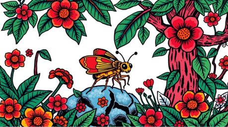 Discover a captivating symbolic tattoo art print featuring a bug-sized hero bravely navigating a vibrant, intricately detaile