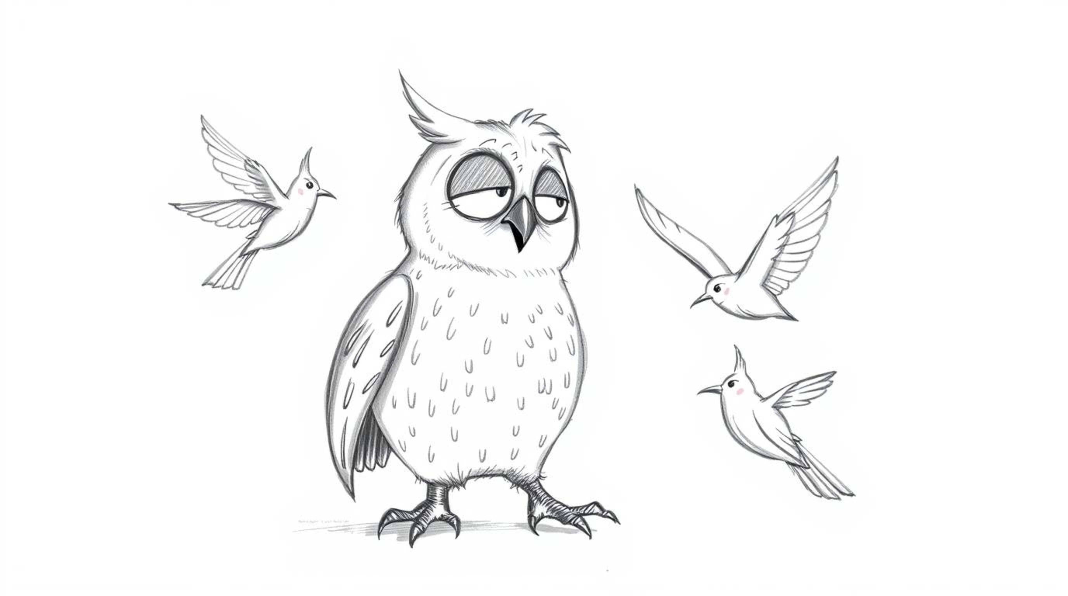 This artwork features a hand-drawn sketch of a blind owl with soft, rounded features in the style of Pixar. The owl is depict