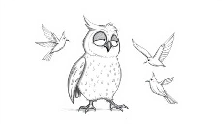 This artwork features a hand-drawn sketch of a blind owl with soft, rounded features in the style of Pixar. The owl is depict