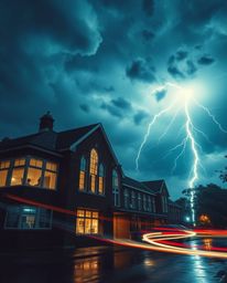 Experience the intense drama of a magical school under the wrath of a powerful storm. This long-exposure photograph captures 