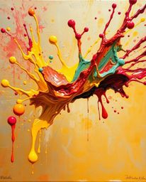 A classic oil painting depicting a vibrant and dynamic paint splash frozen in mid-air, showcasing a captivating burst of colo