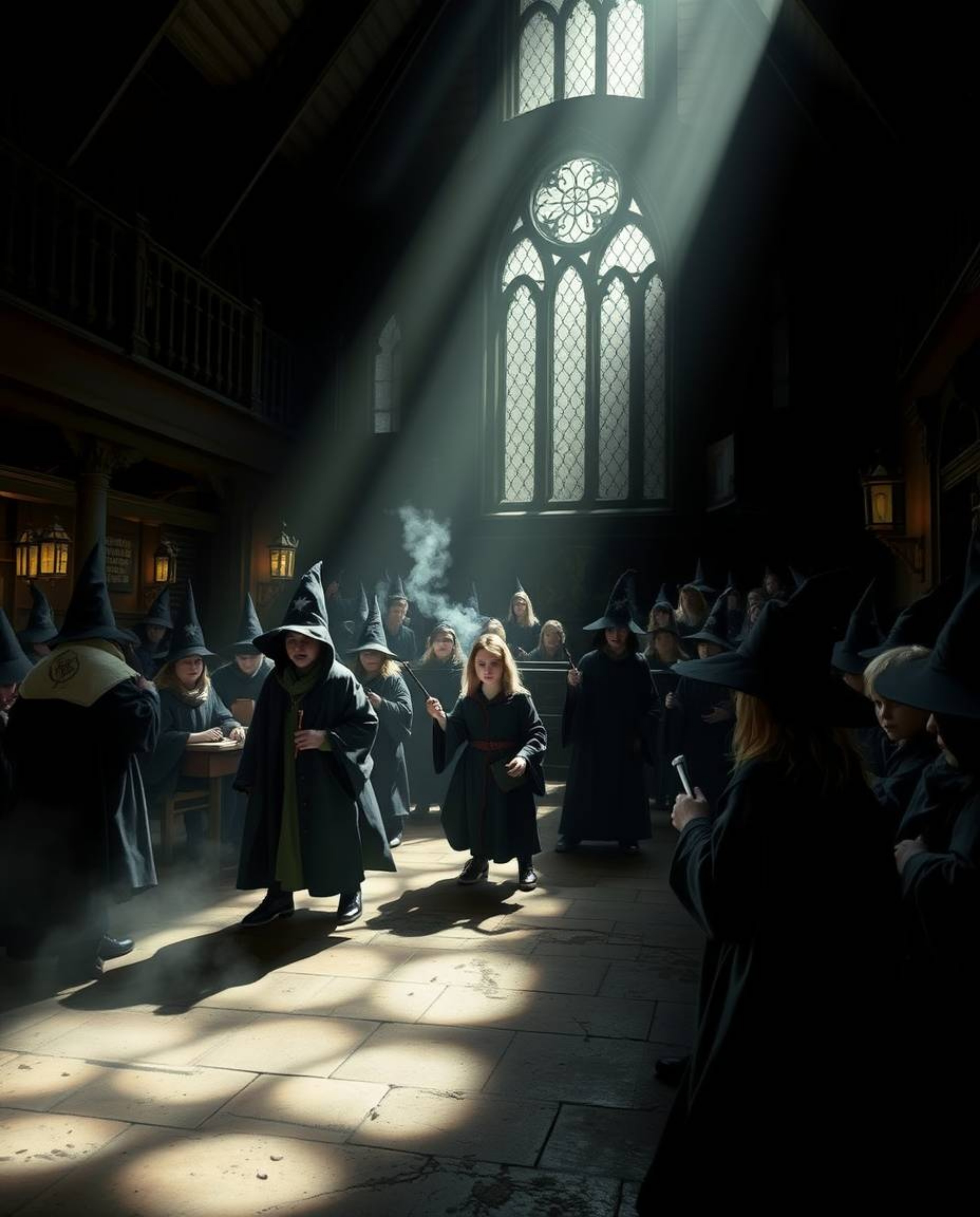 Discover a captivating image of a magical school brimming with young wizards.  The scene is dramatically lit using chiaroscur