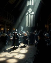 Discover a captivating image of a magical school brimming with young wizards. The scene is dramatically lit using chiaroscur