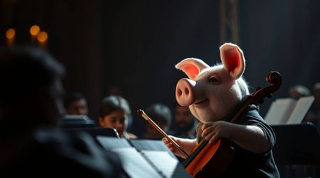 A charming close-up image depicts a pig character passionately conducting an orchestra. The soft lighting and diffused shadow