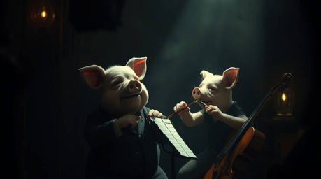 A captivating artwork featuring a pig character diligently conducting an orchestra.  The scene is bathed in a gentle, soft li