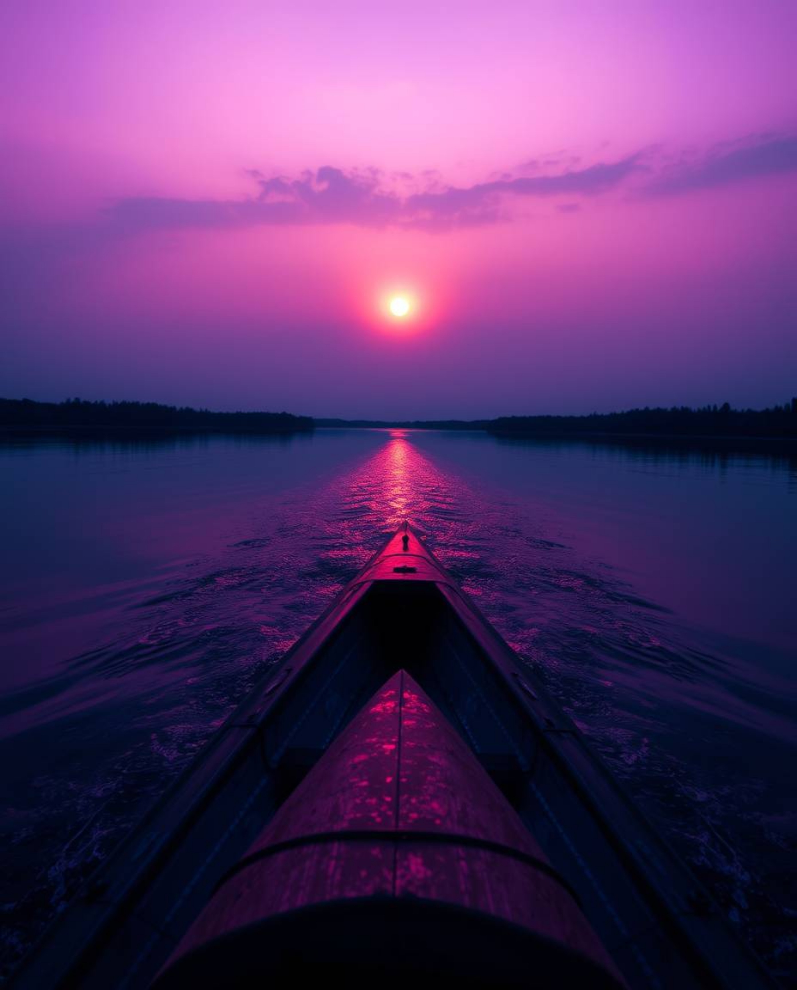 A low-angle perspective captures a boat drifting on a lake at sunset, emphasized by deep ultraviolet hues. The vivid purples 