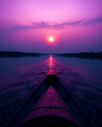A low-angle perspective captures a boat drifting on a lake at sunset, emphasized by deep ultraviolet hues. The vivid purples 