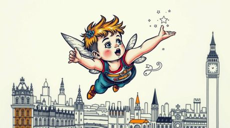 A vibrant and intricate tattoo art print depicts a determined young boy soaring above a stylized London skyline with pixie du