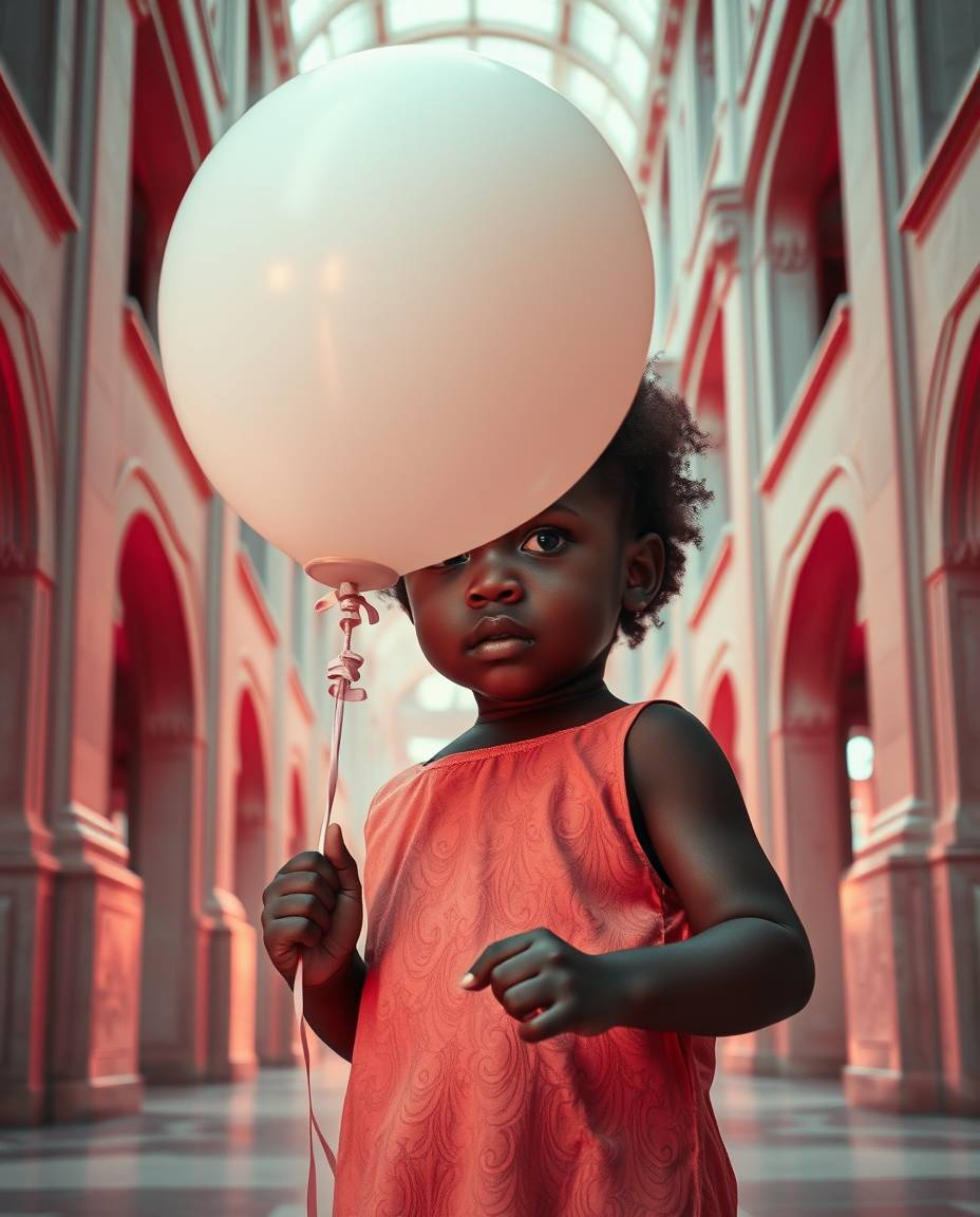 A precise architectural color photograph in surreal infrared tones showcases a child with dark skin delicately holding a ball