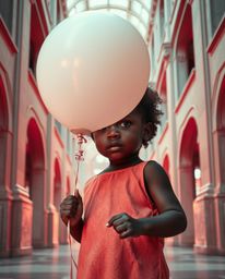A precise architectural color photograph in surreal infrared tones showcases a child with dark skin delicately holding a ball
