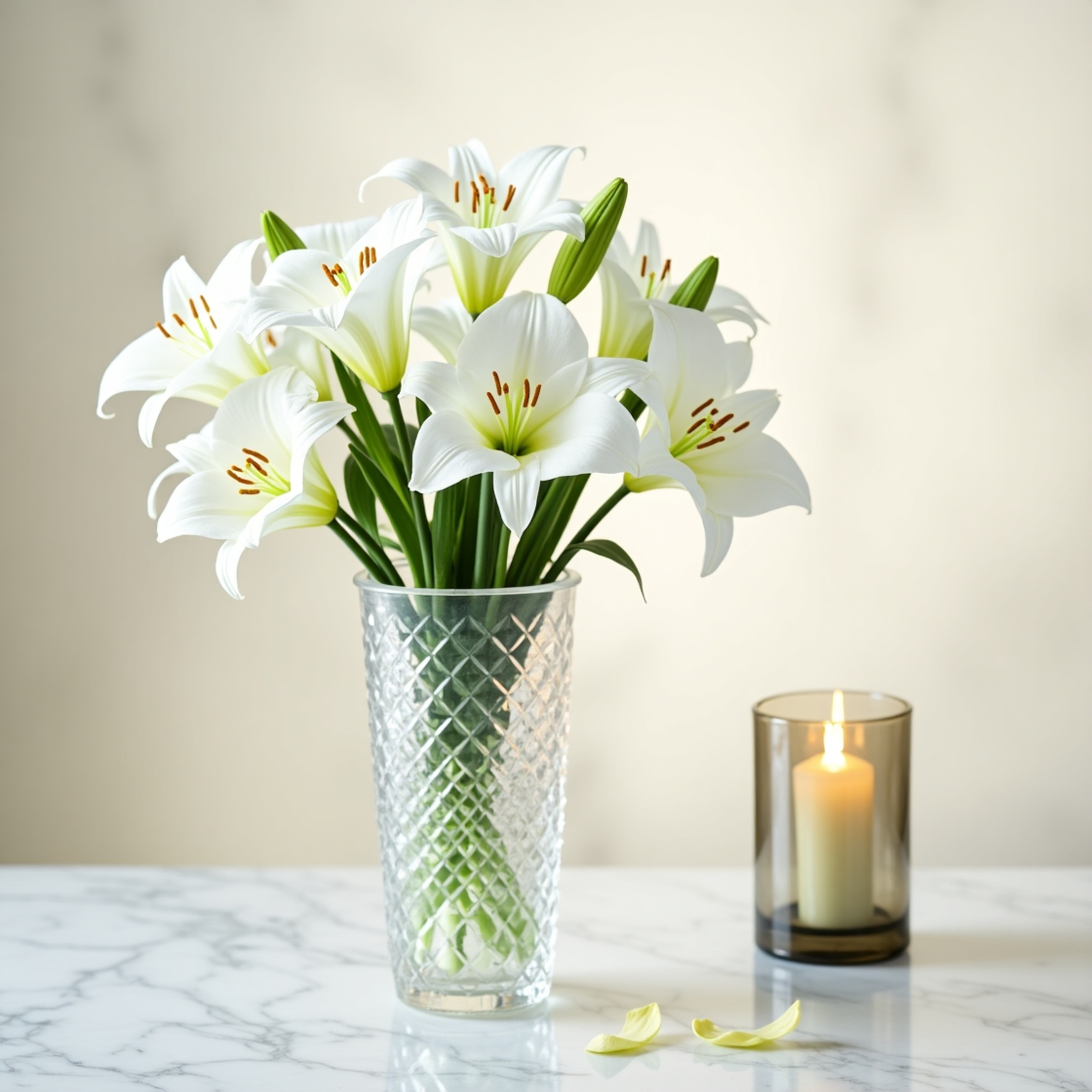 A captivating image featuring a delicate bouquet of pure white lilies elegantly arranged in an exquisite crystal vase on a po