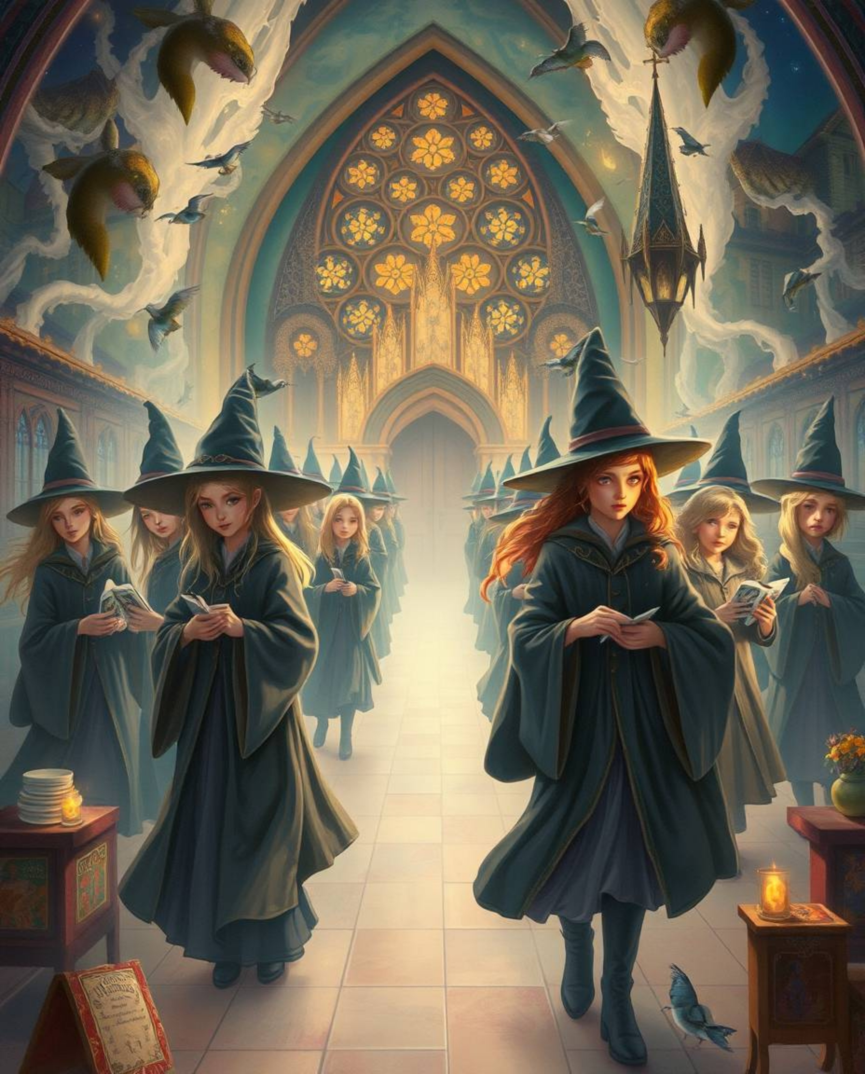Discover an enchanting ethereal painting depicting a magical school brimming with young wizards.  Immerse yourself in a mysti