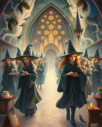 Discover an enchanting ethereal painting depicting a magical school brimming with young wizards.  Immerse yourself in a mysti