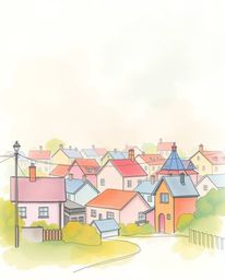 Immerse yourself in the charm of a hand-drawn sketch brought to life with cinematic haze, depicting a sleepy town adorned wit