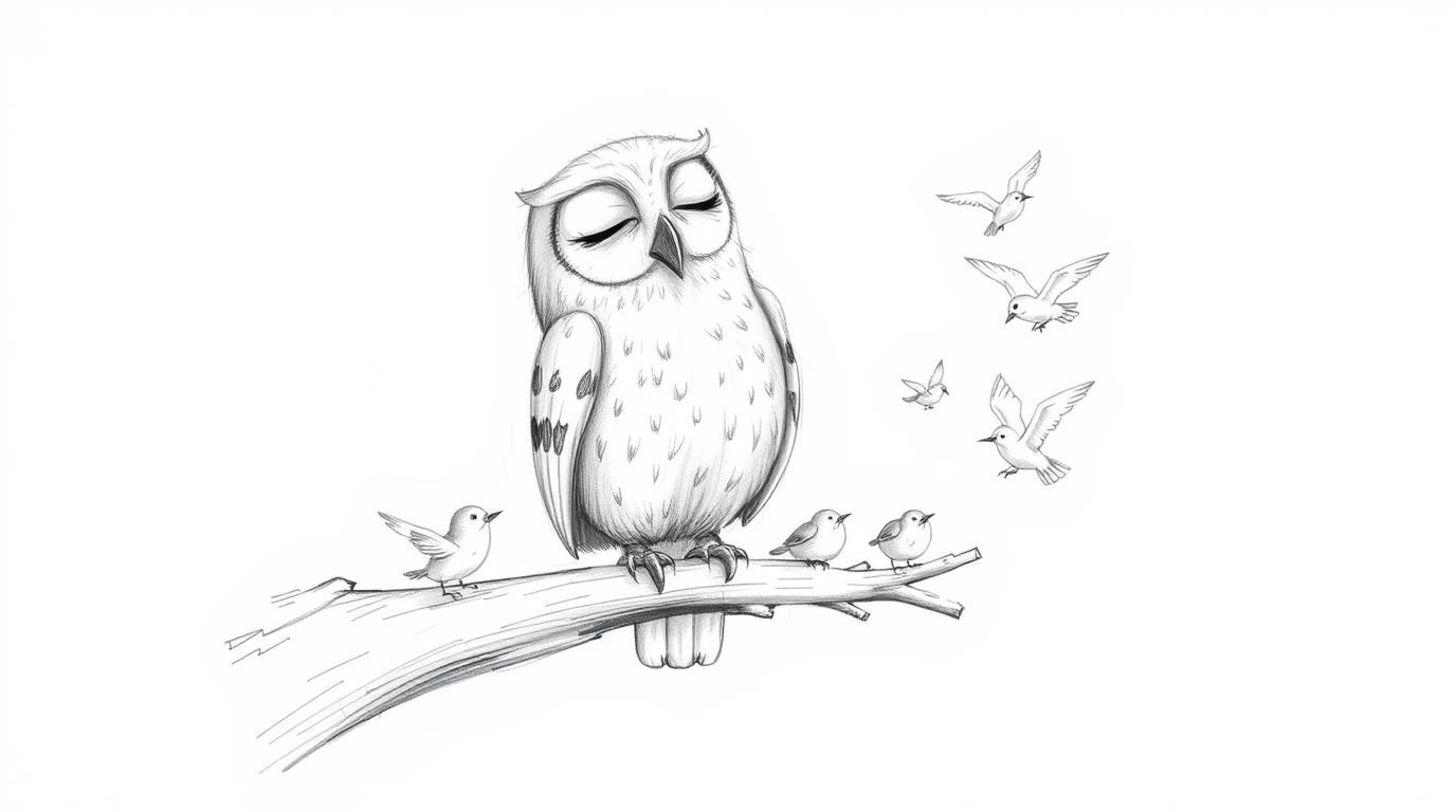 A charming hand-drawn sketch in the style of Pixar depicts a wise, blind owl with soft, downy feathers guiding a flock of sma