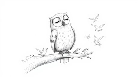 A charming hand-drawn sketch in the style of Pixar depicts a wise, blind owl with soft, downy feathers guiding a flock of sma