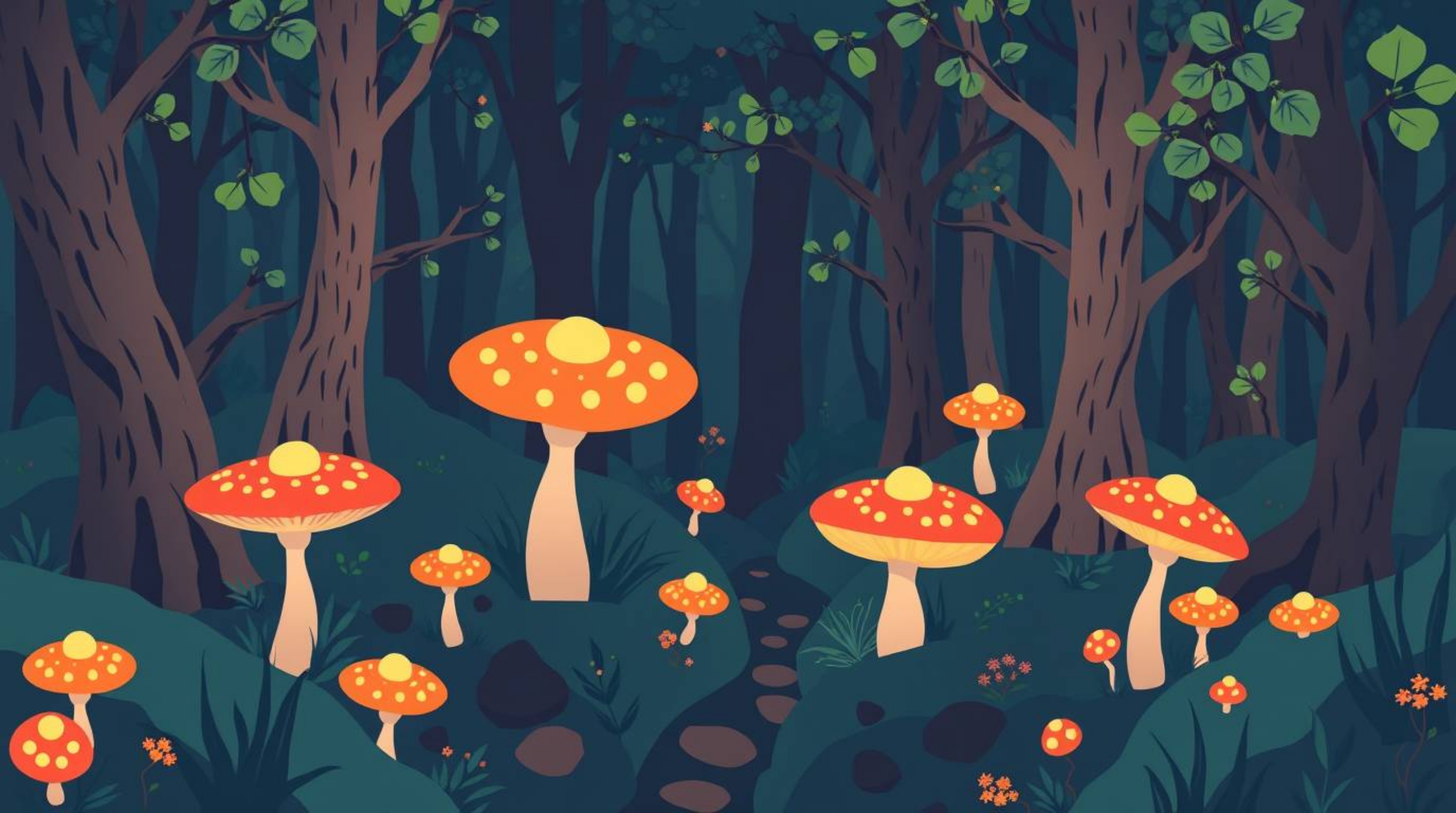 Explore a modern flat design rendition of a vintage-style enchanted forest, showcasing glowing mushrooms and simple two-dimen