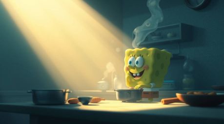 A whimsical animation depicting a soft, hazy scene of a sponge character joyfully cooking in a dreamy underwater kitchen.  Mu