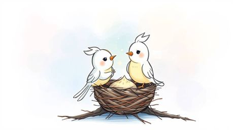 Experience the ethereal and spiritual vibe of this hand-drawn sketch featuring two cartoon birds building a nest in classic a