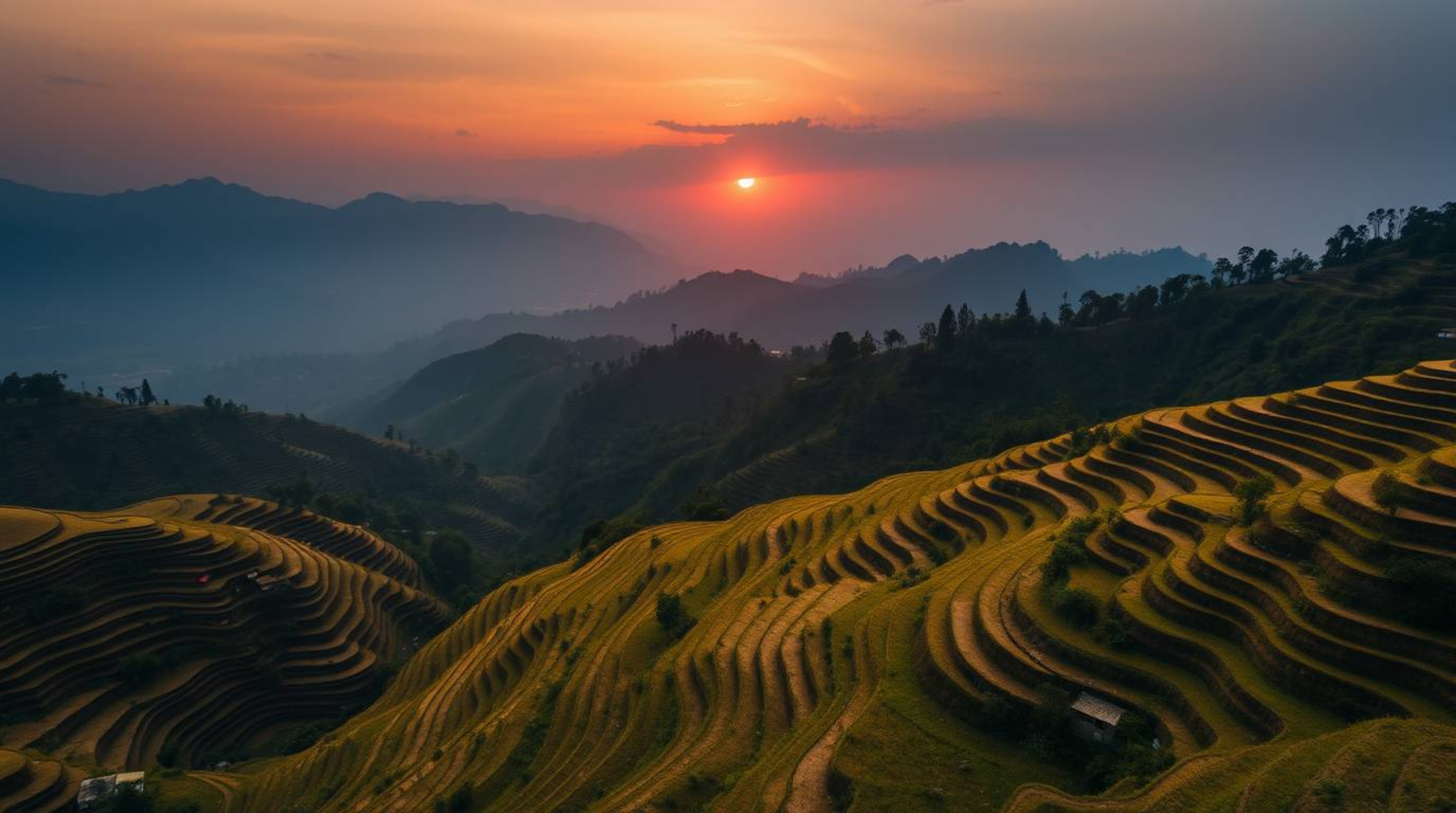 Experience the breathtaking beauty of a sunset over rice terraces nestled in the mountains. This overhead, bird's-eye view ca