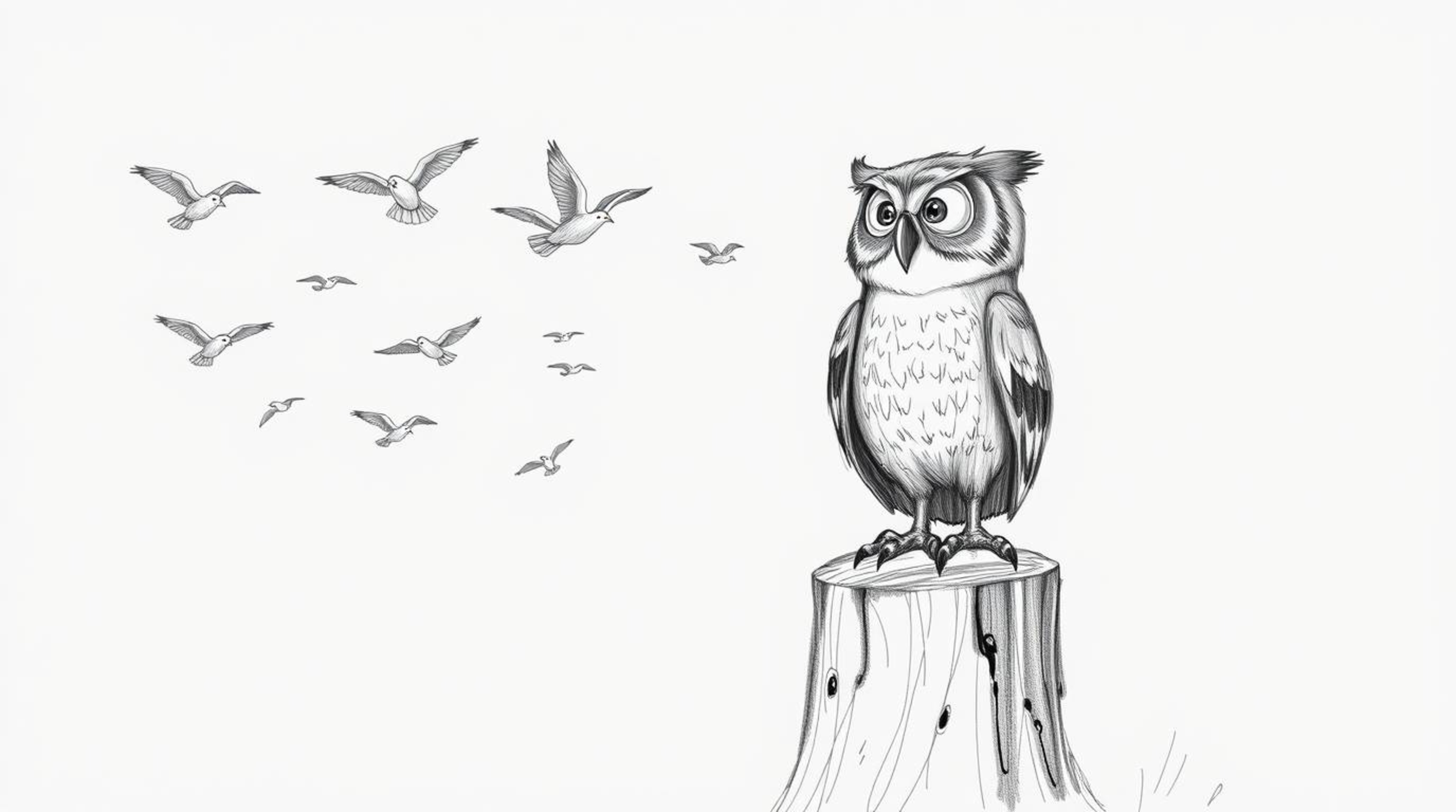 A heartwarming Pixar-style hand-drawn sketch featuring a blind owl beaming with pride. Characterized by textured, rough penci