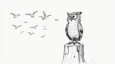 A heartwarming Pixar-style hand-drawn sketch featuring a blind owl beaming with pride. Characterized by textured, rough penci