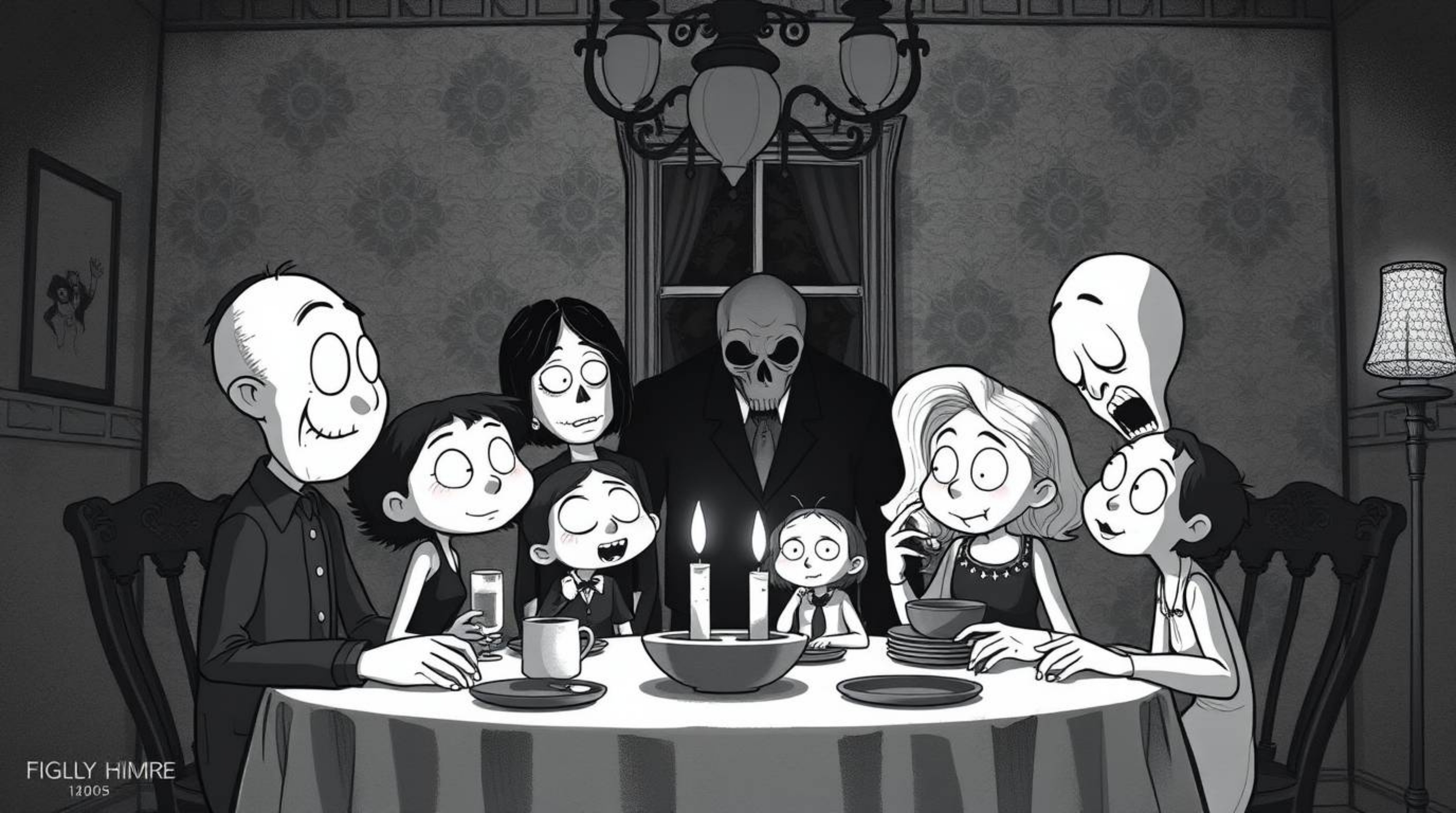 A classic black and white illustration depicting an eerie and creepy Pixar-style family reunion. This artwork conveys a timel