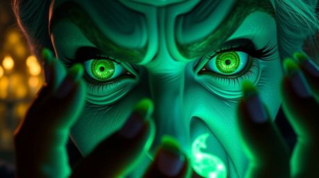 Experience the captivating detail of a classic Disney villain's emerald green eyes in extreme close-up as they cast a spell w