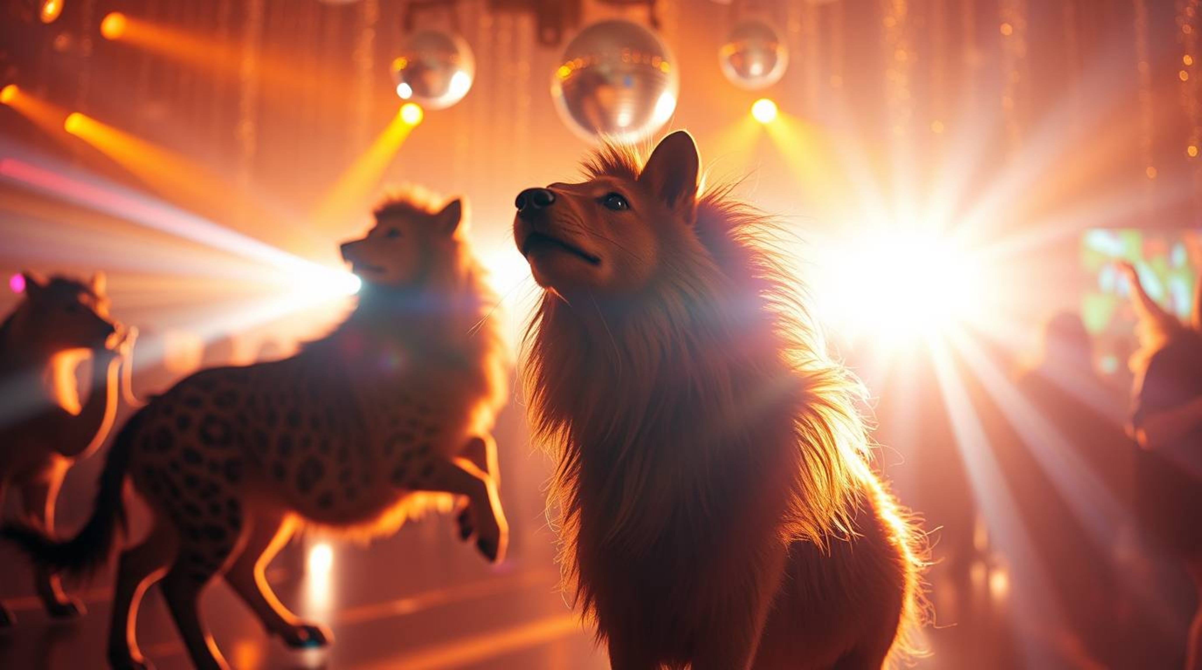Experience a vibrant animal dance party bathed in the warm glow of golden hour.  Disco lights illuminate the scene as animals