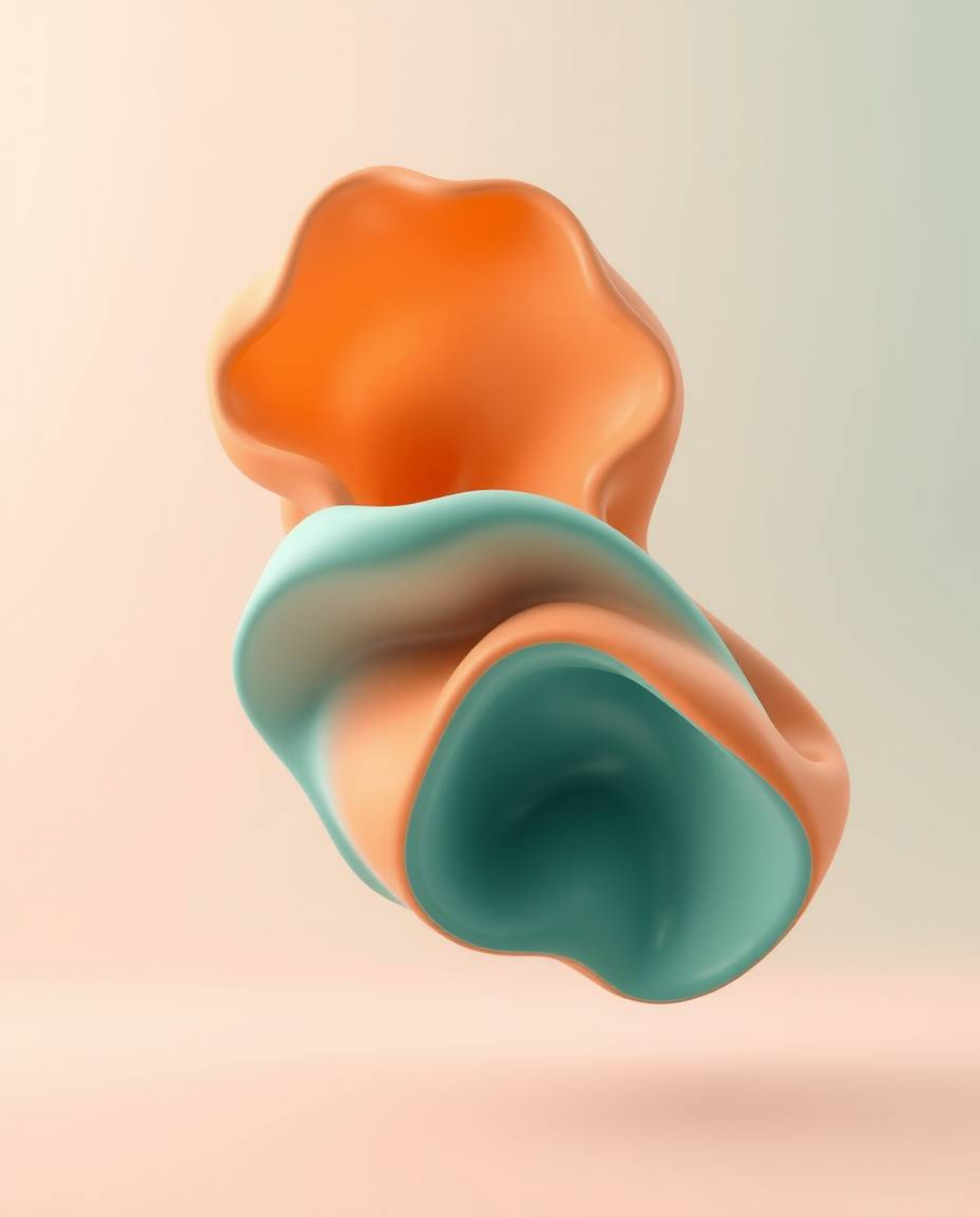 Explore the captivating blend of warm terracotta and cool teal in smooth 3D fluid shapes that float effortlessly in zero grav