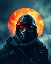 This artwork features a geometric logo of a time-warped soldier in intense, dramatic weather, showcasing macro close-up detai