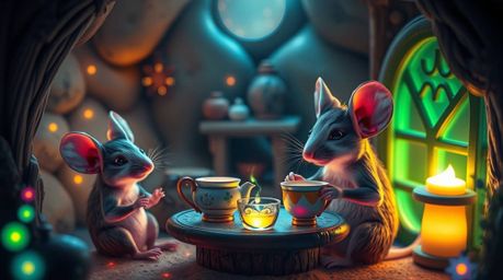 Immerse yourself in a dreamlike surreal scene featuring charming anthropomorphic mice enjoying a delightful tea party within 