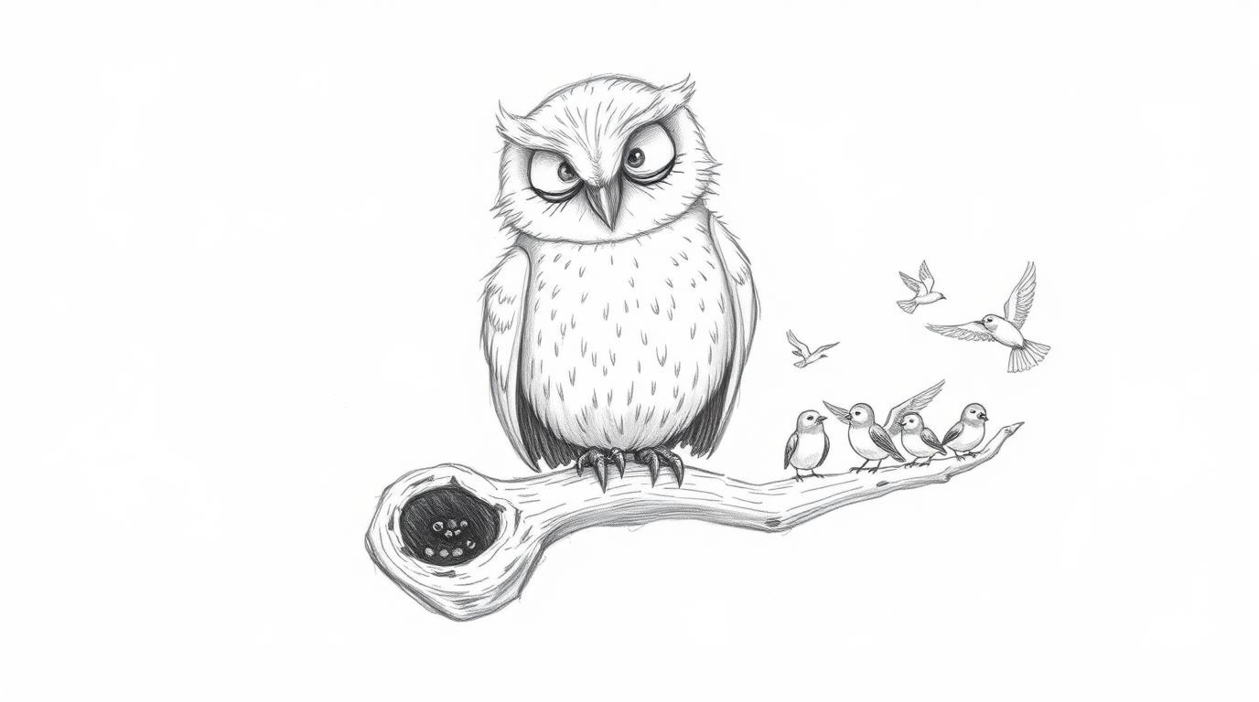 A heartwarming hand-drawn sketch in the style of Pixar depicts a blind owl, its large gentle eyes closed, using its soft, dow
