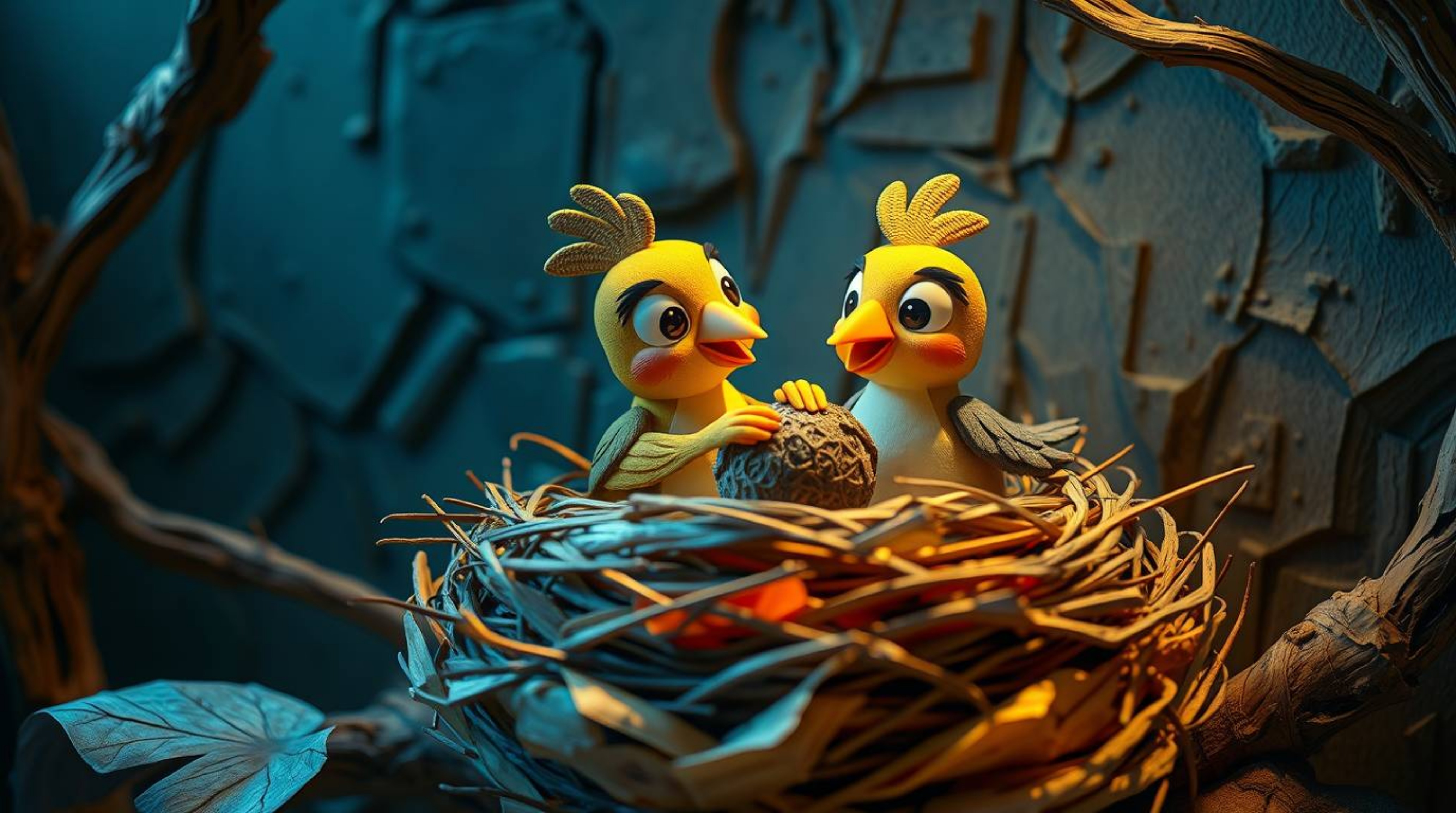 This image features two cartoon birds diligently building a nest in a classic animation style, rendered with layered papier-m
