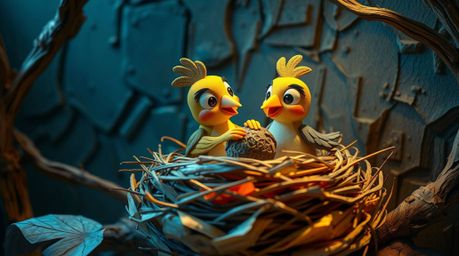 This image features two cartoon birds diligently building a nest in a classic animation style, rendered with layered papier-m