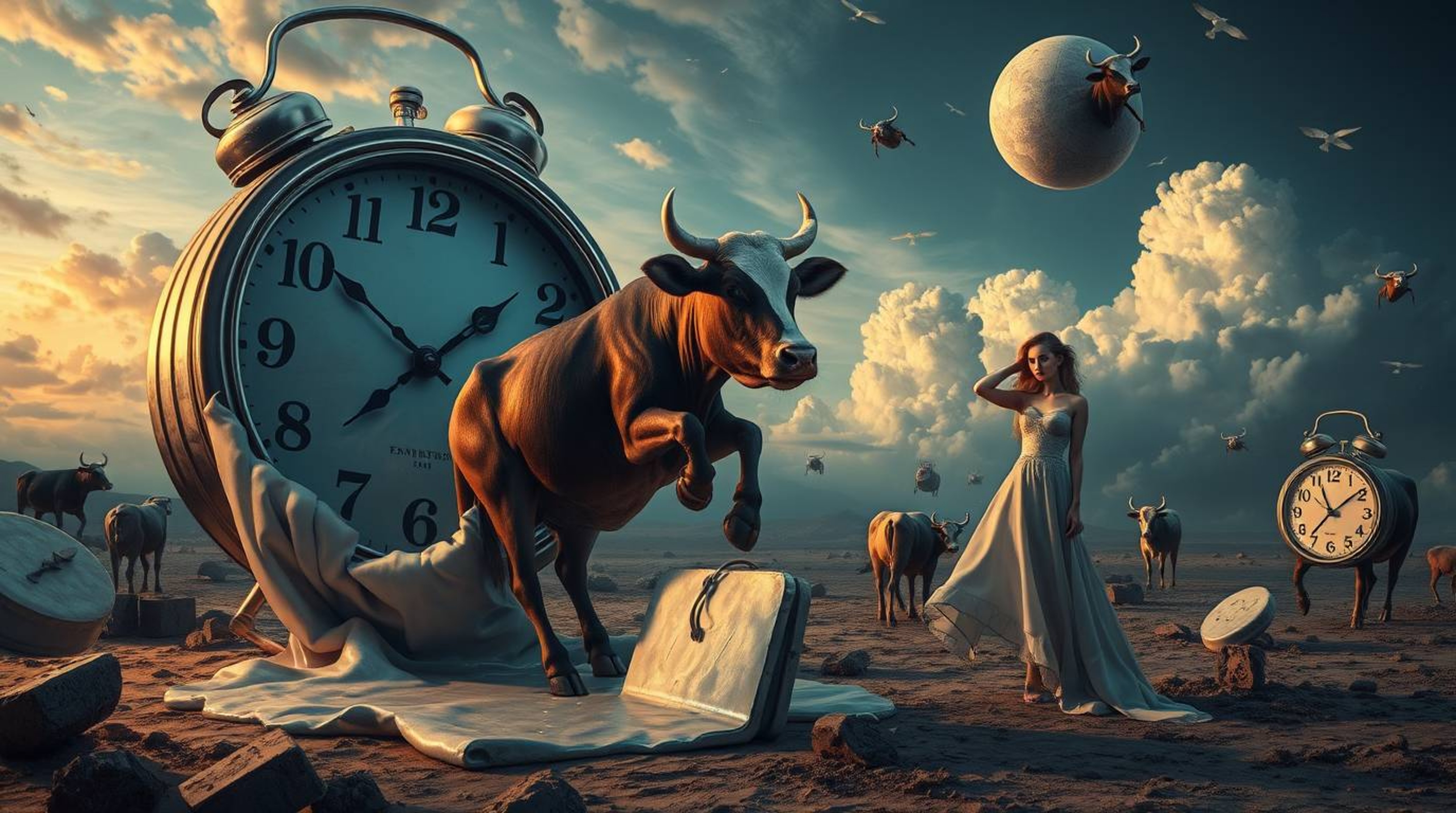 Explore a surreal dreamscape filled with melting clocks and floating cows, brought to life with high contrast and dramatic li