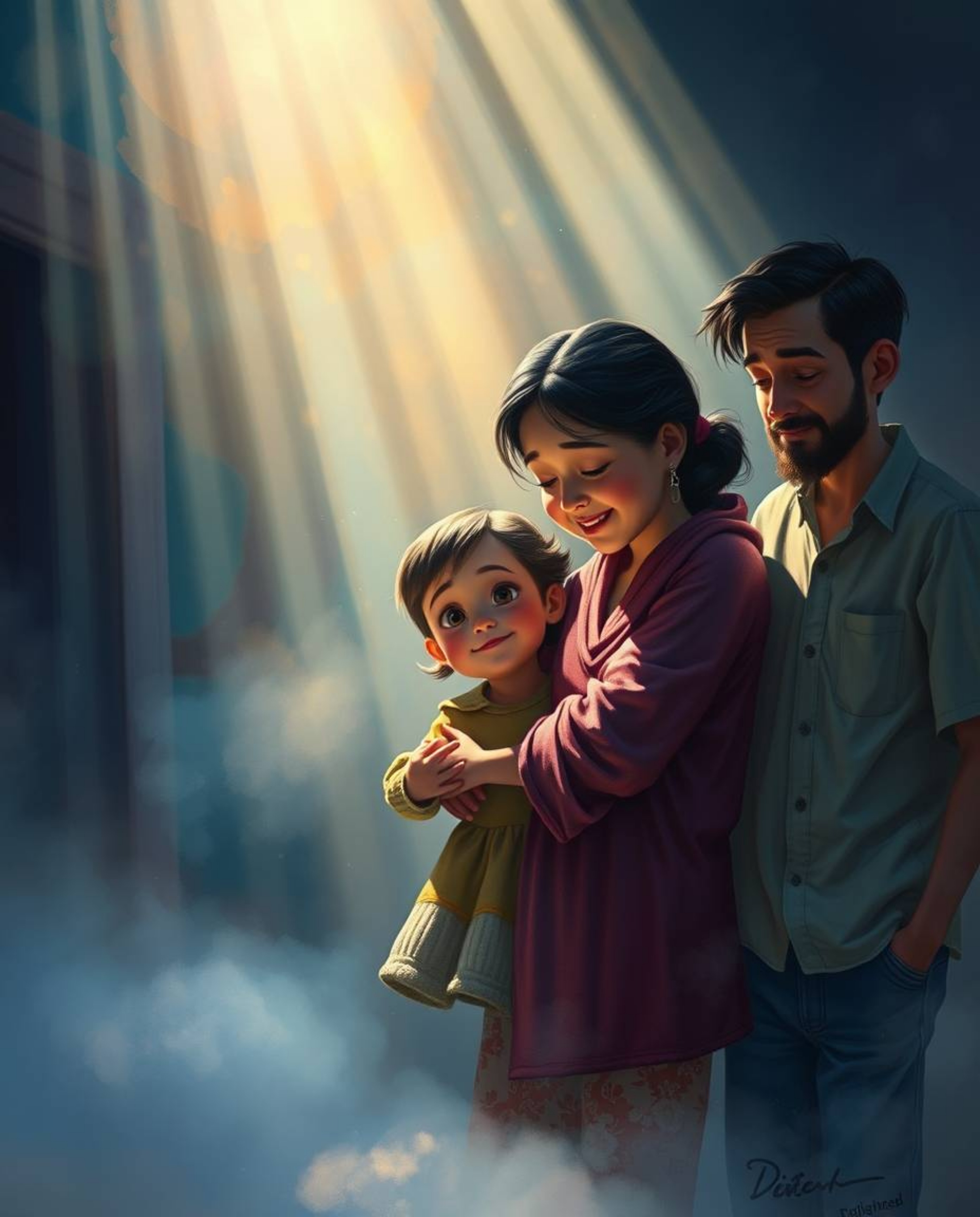 Experience a heartwarming family reunion brought to life in a stunning Pixar-style painting. Volumetric lighting and electric