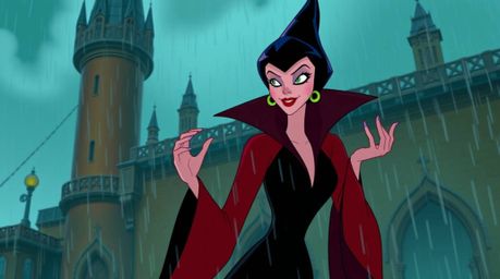A captivating image of a classic Disney villain, elegant and poised, casting a spell within a rain-soaked castle.  The scene 