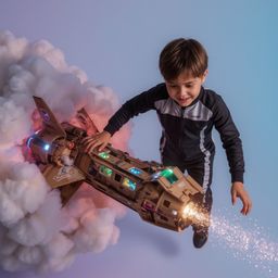 A captivating high-fashion photoshoot depicts a boy with sleek hair and bright eyes building an intricately designed, flashin