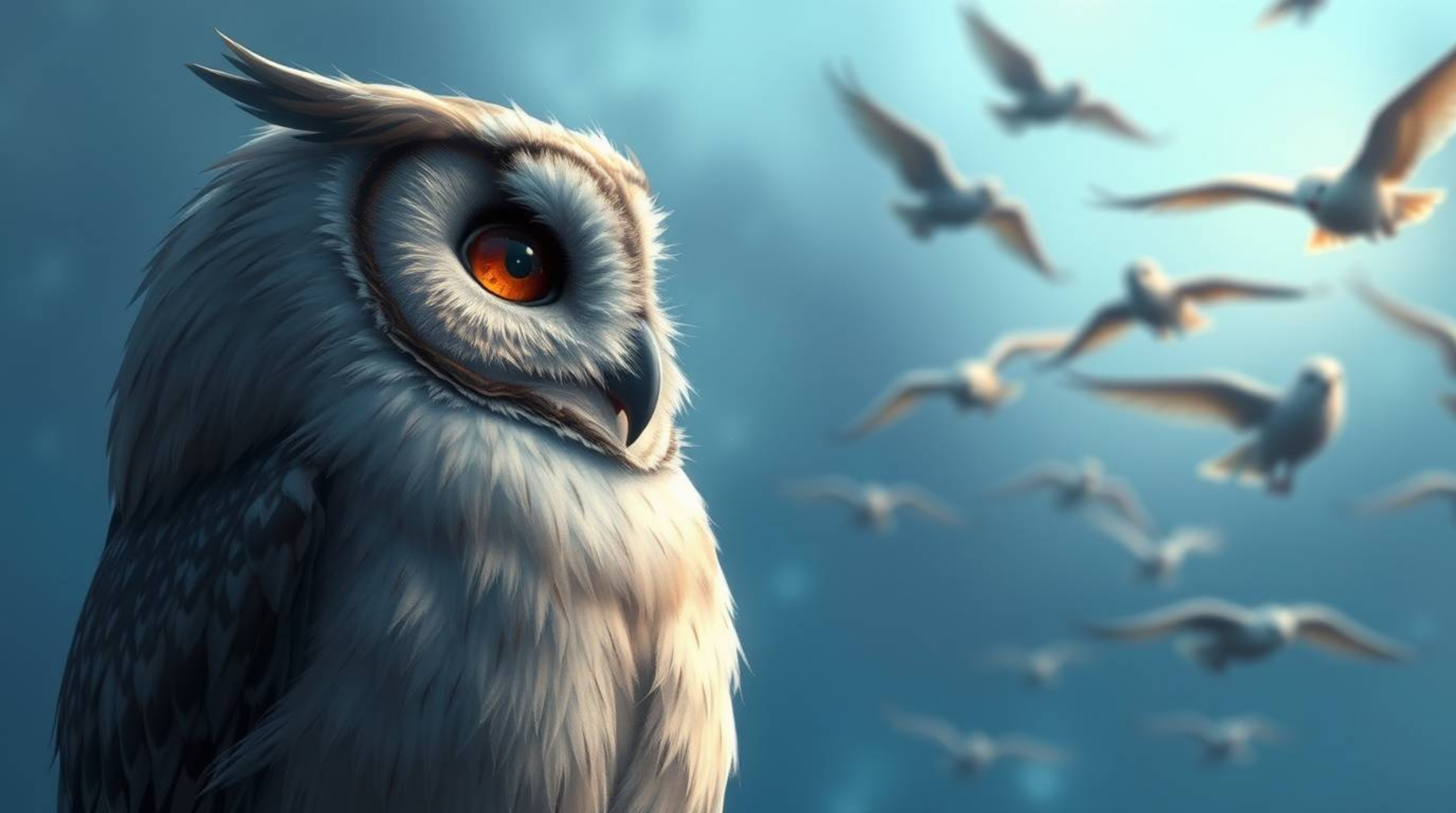 A Pixar-style digital painting captures a serene, blind owl with soft, downy feathers as it observes a flock of birds in flig