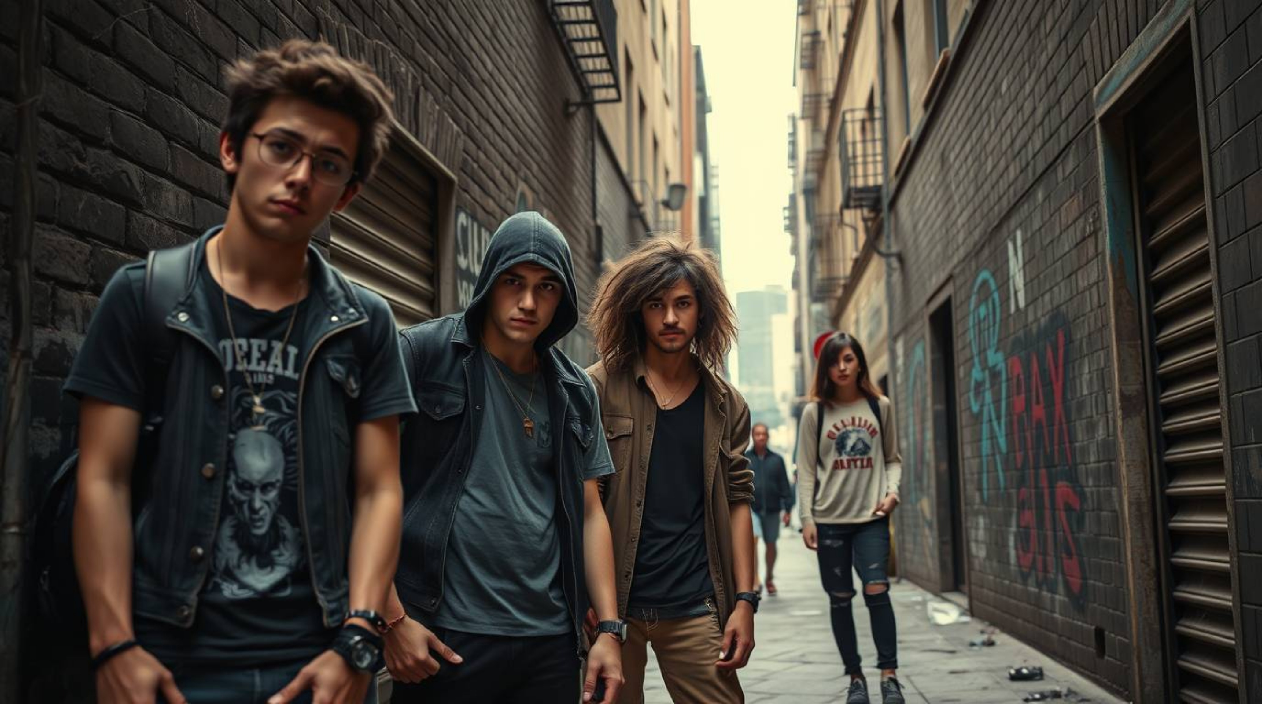 This high-resolution stock photo captures a gritty and evocative scene in a grungy city alley.  Featuring rebellious teens, t