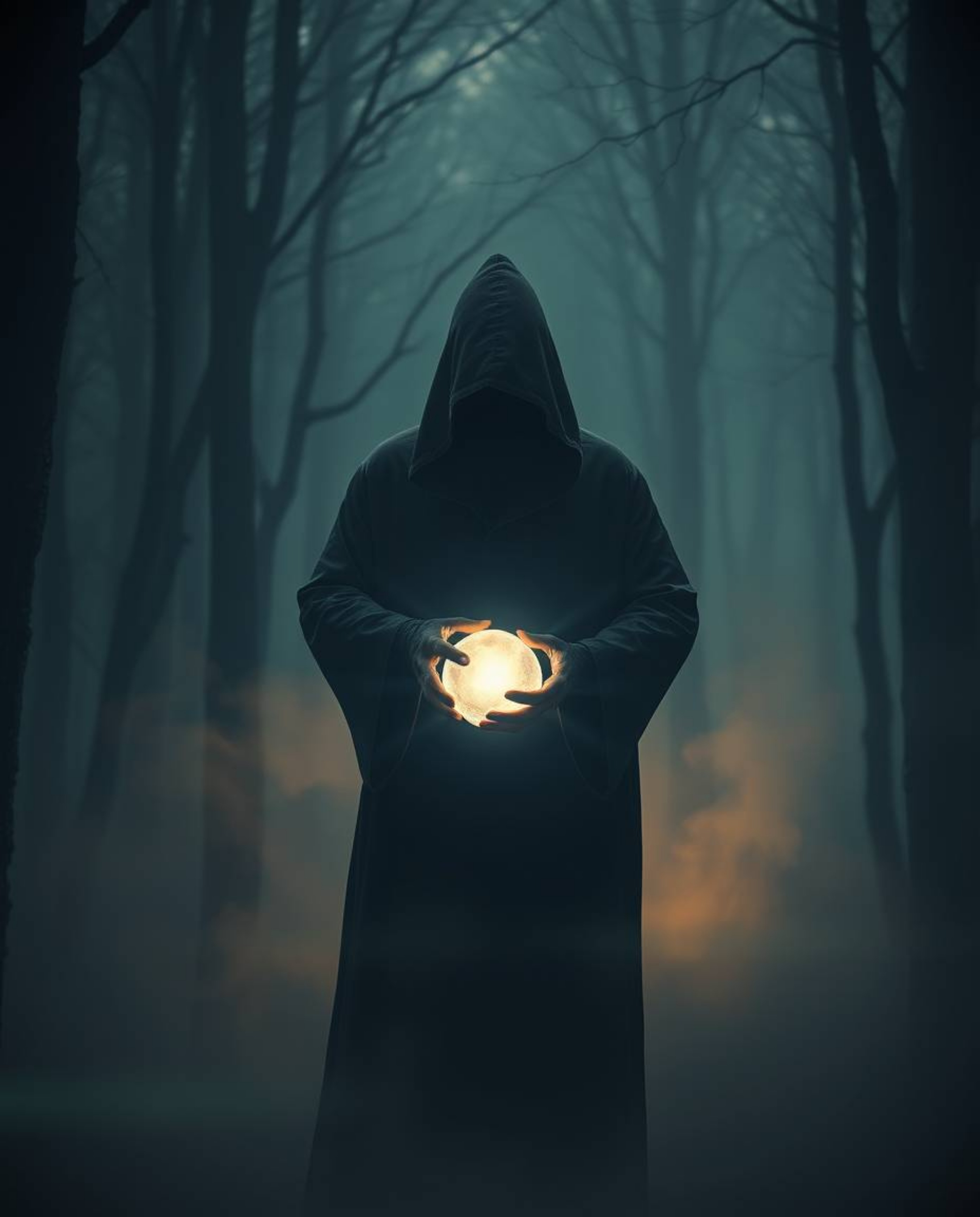 A cloaked figure stands mysteriously in a misty forest, illuminated by volumetric lighting, holding a captivating glowing orb