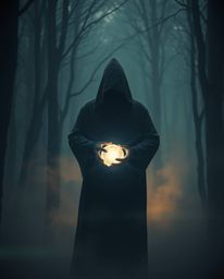 A cloaked figure stands mysteriously in a misty forest, illuminated by volumetric lighting, holding a captivating glowing orb