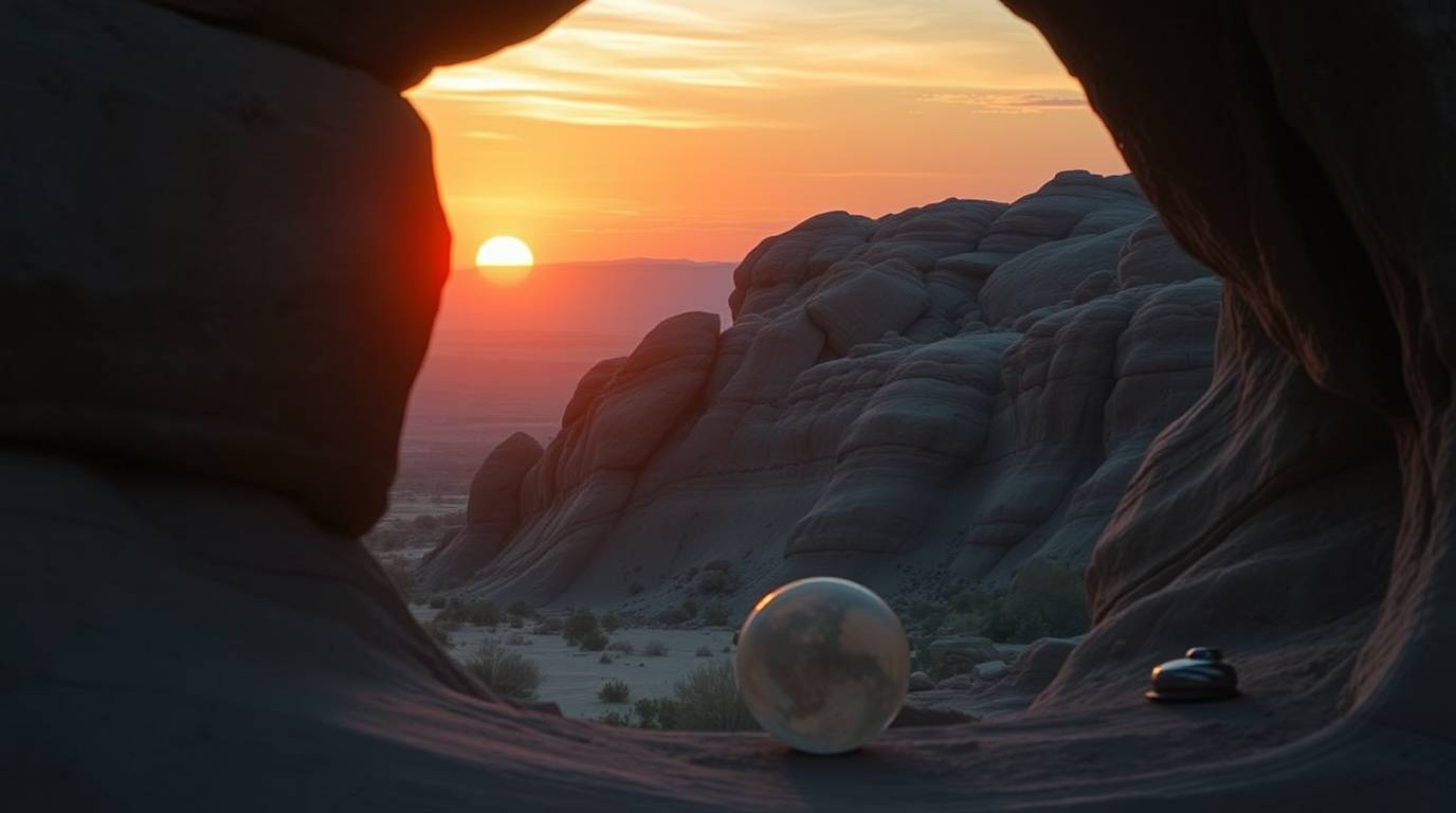 Witness the breathtaking beauty of a desert sunset framed by a natural rock arch. Warm terracotta hues blend seamlessly with 