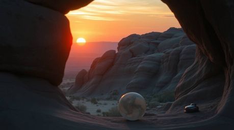 Witness the breathtaking beauty of a desert sunset framed by a natural rock arch. Warm terracotta hues blend seamlessly with 