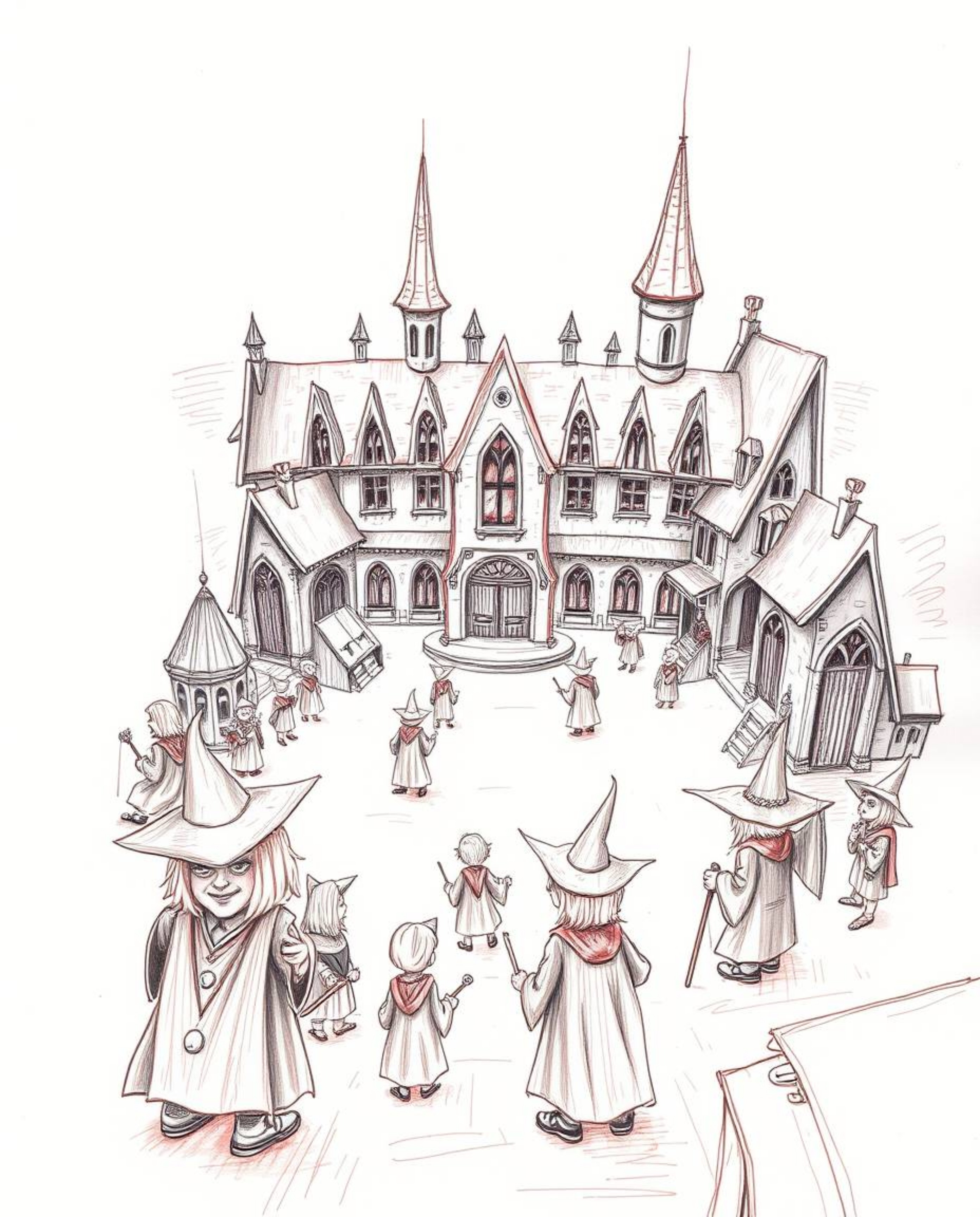 Discover a surreal, infrared-toned hand-drawn sketch of a magical school brimming with young wizards.  This unique artwork, f