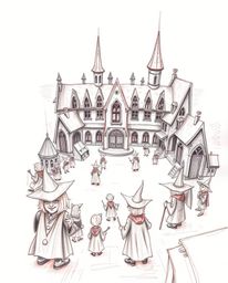 Discover a surreal, infrared-toned hand-drawn sketch of a magical school brimming with young wizards.  This unique artwork, f
