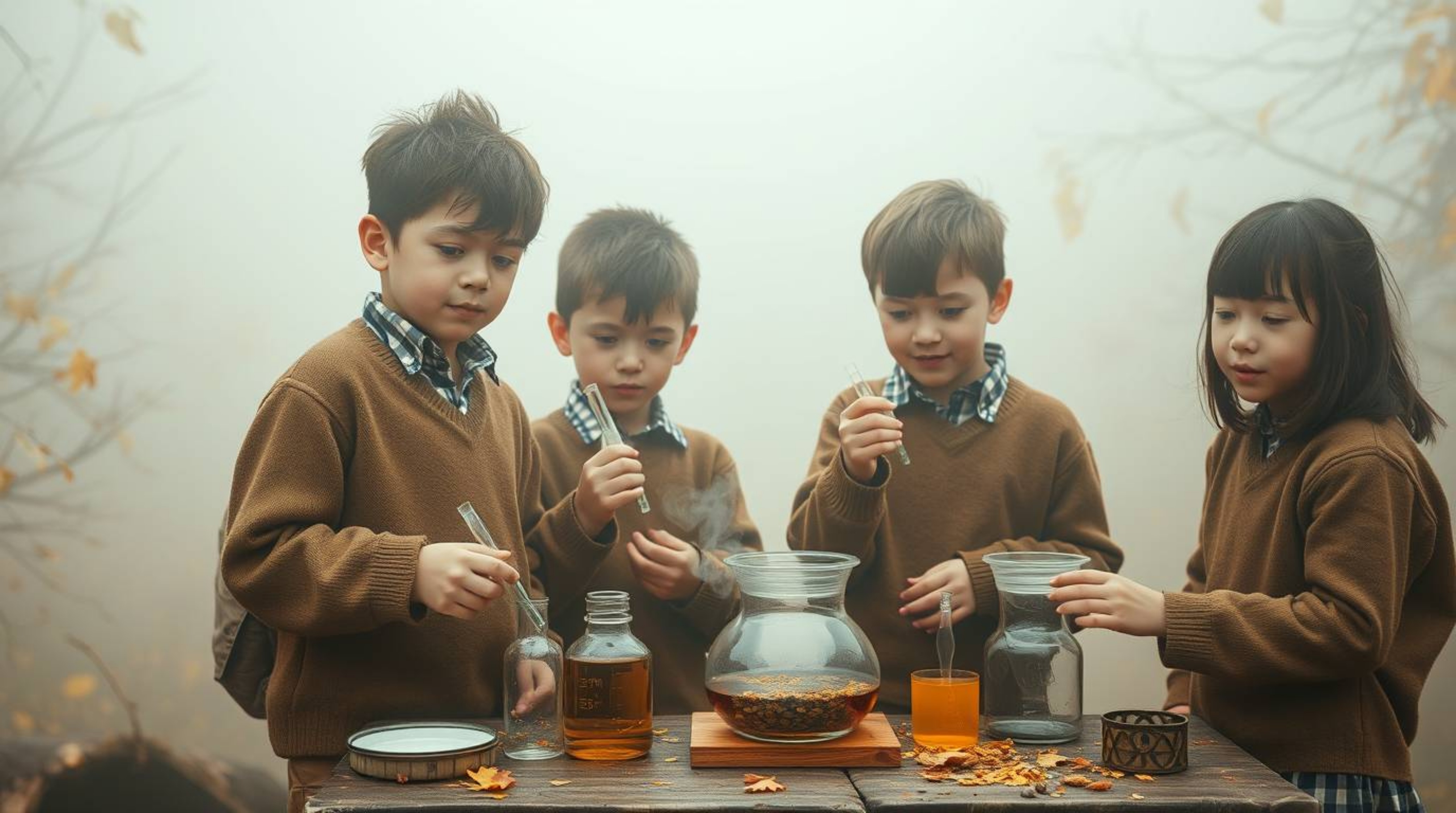 Immerse yourself in a scene of thick fog and warm autumn hues, where a group of quirky kids in muted earth-toned school unifo